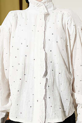 Pul Detaylı Balon Kol Kısa Gömlek Ekru - Gömlek