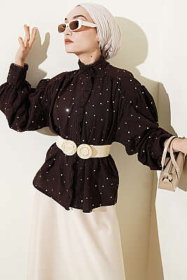 Pul Detaylı Balon Kol Kısa Gömlek Kahve 