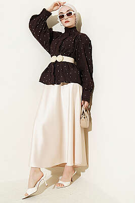 Pul Detaylı Balon Kol Kısa Gömlek Kahve - Gömlek