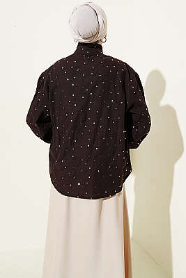 Pul Detaylı Balon Kol Kısa Gömlek Kahve - Gömlek