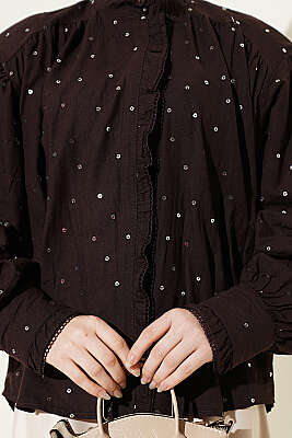 Pul Detaylı Balon Kol Kısa Gömlek Kahve - Gömlek