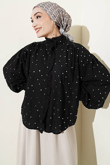 Pul Detaylı Balon Kol Kısa Gömlek Siyah - Gömlek