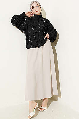 Pul Detaylı Balon Kol Kısa Gömlek Siyah - Gömlek