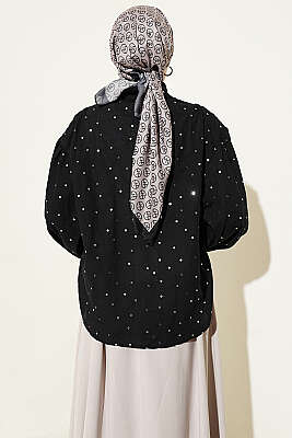 Pul Detaylı Balon Kol Kısa Gömlek Siyah - Gömlek