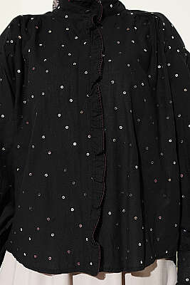 Pul Detaylı Balon Kol Kısa Gömlek Siyah - Gömlek