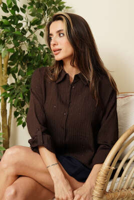 Pul Detaylı Çizgi Kabartma Gömlek Kahve - LUSTRİN