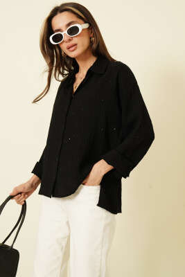 Pul Detaylı Çizgi Kabartma Gömlek Siyah - LUSTRİN