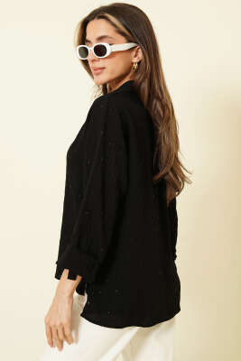 Pul Detaylı Çizgi Kabartma Gömlek Siyah - Kadın Giyim Modelleri