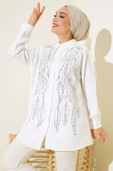 Pul İşlemeli Gömlek Ekru - Gömlek