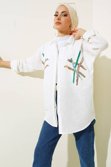 Pul Nakışlı Uzun Kollu Gömlek Ekru - Gömlek