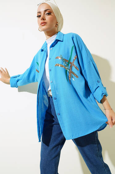 Pul Nakışlı Uzun Kollu Gömlek Mavi - Gömlek