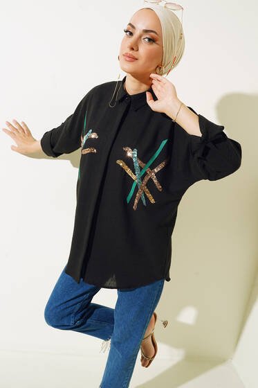 Pul Nakışlı Uzun Kollu Gömlek Siyah - Gömlek
