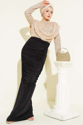 Pul Payet Büzgülü Abiye Elbise Bej - CNR TEKSTİL