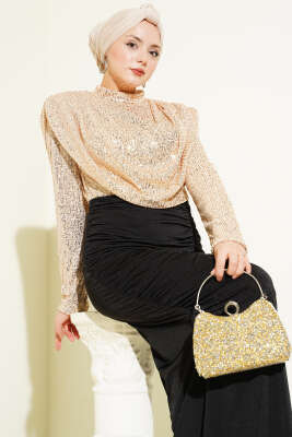 Pul Payet Büzgülü Abiye Elbise Bej - Elbise