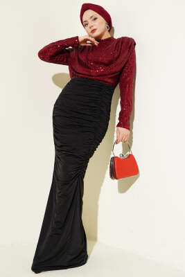 Pul Payet Büzgülü Abiye Elbise Bordo - CNR TEKSTİL