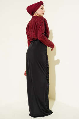 Pul Payet Büzgülü Abiye Elbise Bordo - Elbise