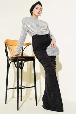 Pul Payet Büzgülü Abiye Elbise Gümüş - CNR TEKSTİL