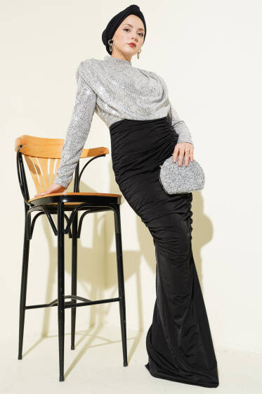 Pul Payet Büzgülü Abiye Elbise Gümüş - Elbise