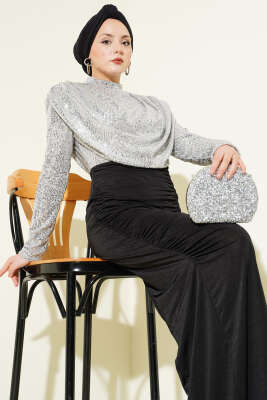 Pul Payet Büzgülü Abiye Elbise Gümüş - Elbise