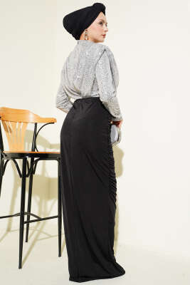 Pul Payet Büzgülü Abiye Elbise Gümüş - Elbise