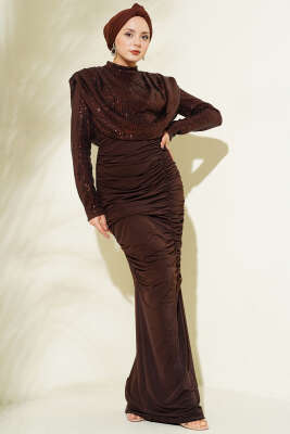 Pul Payet Büzgülü Abiye Elbise Kahve - CNR TEKSTİL