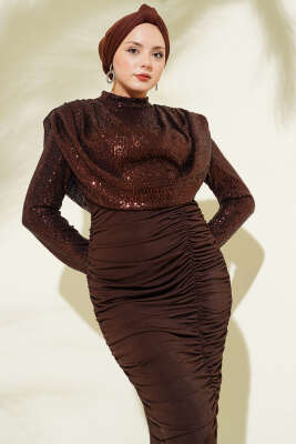 Pul Payet Büzgülü Abiye Elbise Kahve - Elbise