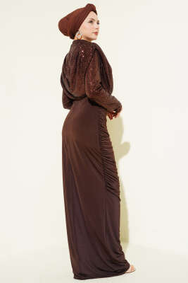 Pul Payet Büzgülü Abiye Elbise Kahve - Elbise