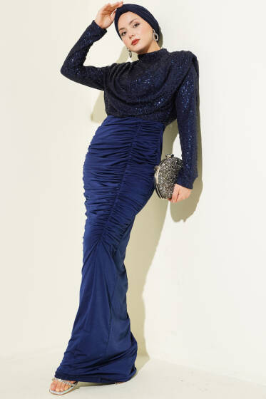 Pul Payet Büzgülü Abiye Elbise Lacivert - Elbise