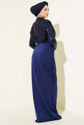 Pul Payet Büzgülü Abiye Elbise Lacivert - Elbise