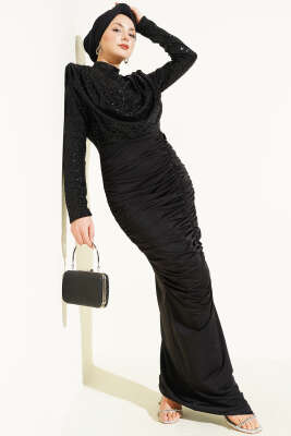 Pul Payet Büzgülü Abiye Elbise Siyah - CNR TEKSTİL