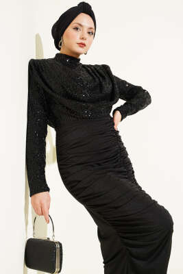 Pul Payet Büzgülü Abiye Elbise Siyah - Elbise