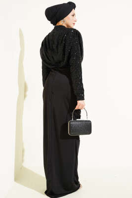 Pul Payet Büzgülü Abiye Elbise Siyah - Elbise