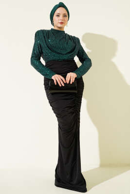 Pul Payet Büzgülü Abiye Elbise Zümrüt - CNR TEKSTİL