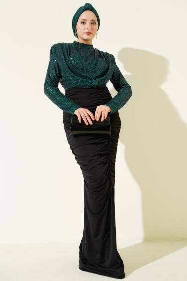 Pul Payet Büzgülü Abiye Elbise Zümrüt - Elbise