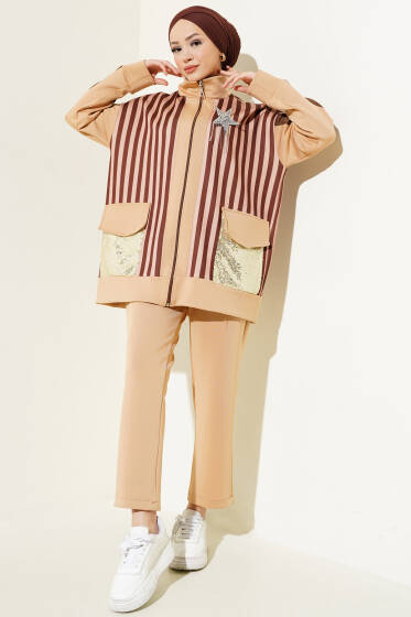 Pul Payet Cepli Çizgili Scuba İkili Takım Camel - İkili Takım