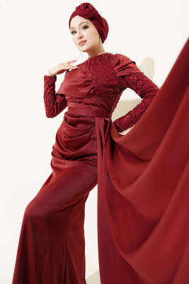 Pul Payet Detaylı Kuyruklu Abiye Elbise Bordo - CNR TEKSTİL