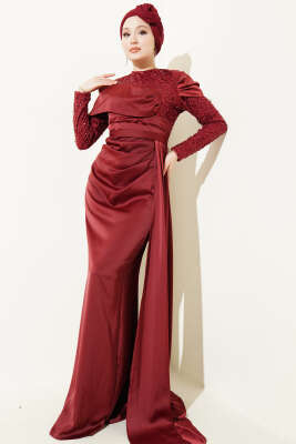 Pul Payet Detaylı Kuyruklu Abiye Elbise Bordo - Elbise