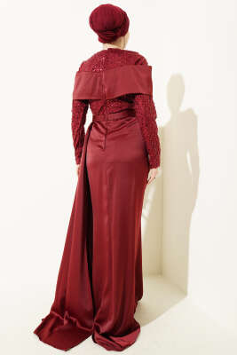 Pul Payet Detaylı Kuyruklu Abiye Elbise Bordo - Elbise