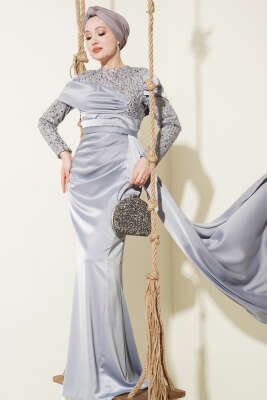 Pul Payet Detaylı Kuyruklu Abiye Elbise Gri - CNR TEKSTİL