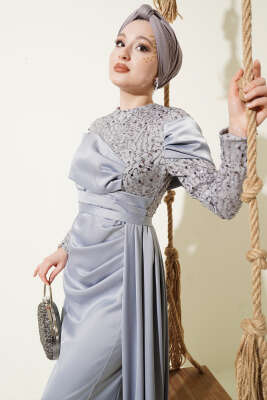 Pul Payet Detaylı Kuyruklu Abiye Elbise Gri - Elbise