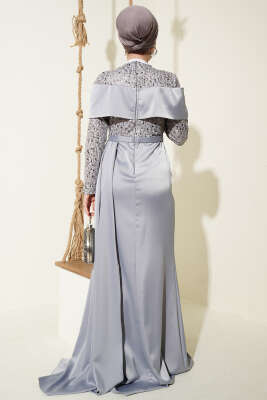 Pul Payet Detaylı Kuyruklu Abiye Elbise Gri - Elbise