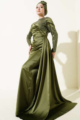 Pul Payet Detaylı Kuyruklu Abiye Elbise Haki - CNR TEKSTİL