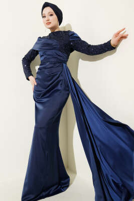 Pul Payet Detaylı Kuyruklu Abiye Elbise Lacivert - CNR TEKSTİL