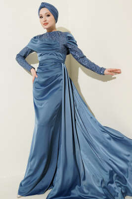 Pul Payet Detaylı Kuyruklu Abiye Elbise Mavi - CNR TEKSTİL