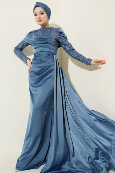Pul Payet Detaylı Kuyruklu Abiye Elbise Mavi - Elbise