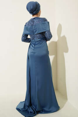 Pul Payet Detaylı Kuyruklu Abiye Elbise Mavi - Elbise