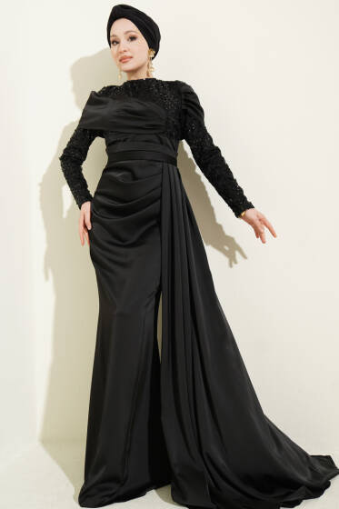 Pul Payet Detaylı Kuyruklu Abiye Elbise Siyah - Elbise