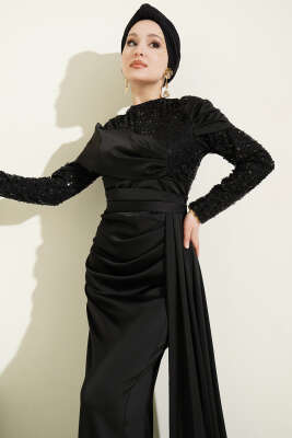 Pul Payet Detaylı Kuyruklu Abiye Elbise Siyah - Elbise