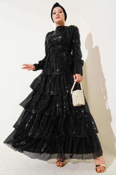 Pul Payet Kat Kat Abiye Elbise Siyah - Elbise