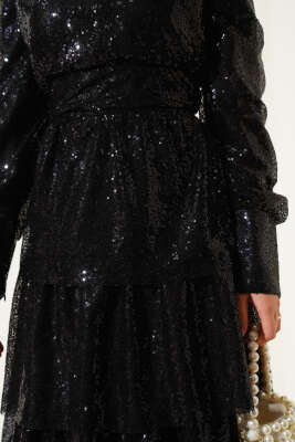 Pul Payet Kat Kat Abiye Elbise Siyah - Tesettür Elbise